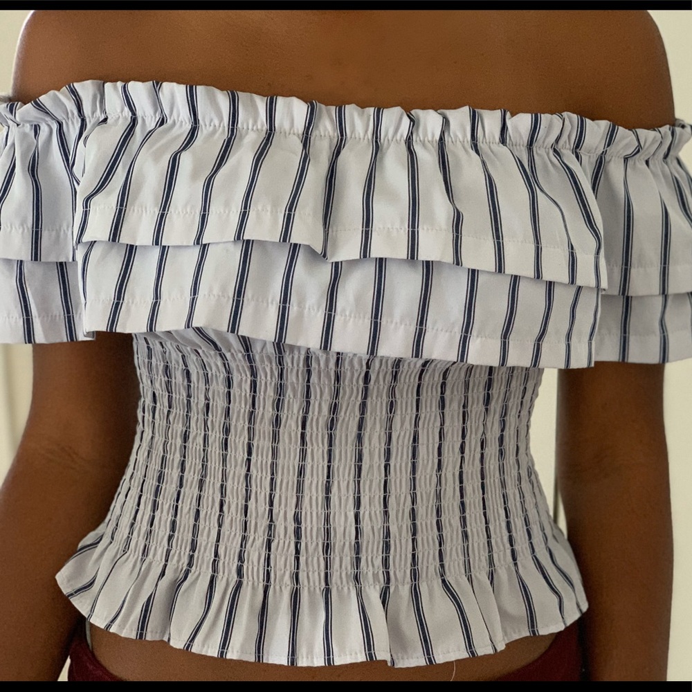 White and blue ruffle off shoulder crop top
